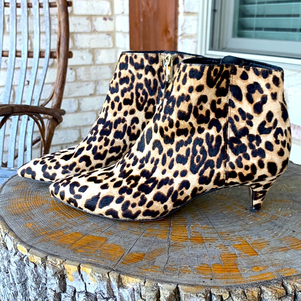 🔥 HP 🔥 SAM EDELMAN Leopard Calf Hair KINZEY Pointed Toe Zip Ankle Boots Sz 6.5